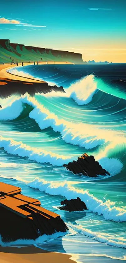 Vibrant coastal wallpaper with waves and rocks, rich in blue and green hues.