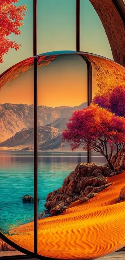Vibrant window view with colorful landscape reflection.