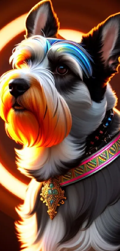 Vibrant schnauzer with glowing orange rings in a digital art style.