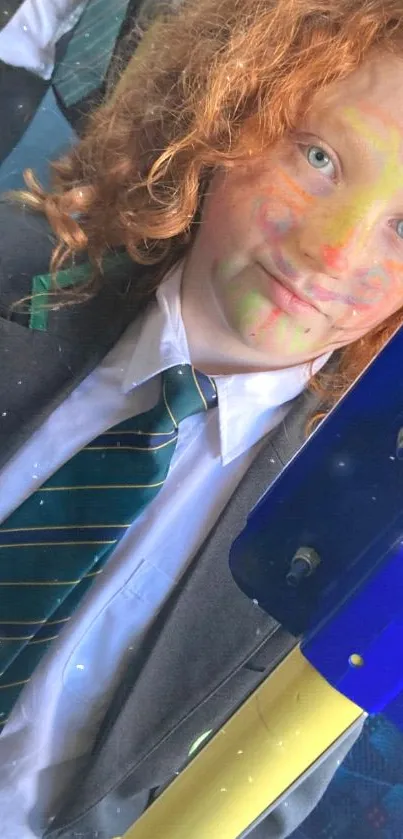 Vibrant portrait of a student with colorful face paint on a bright school day.