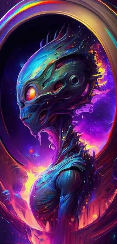A futuristic alien with neon colors in a cosmic scene.