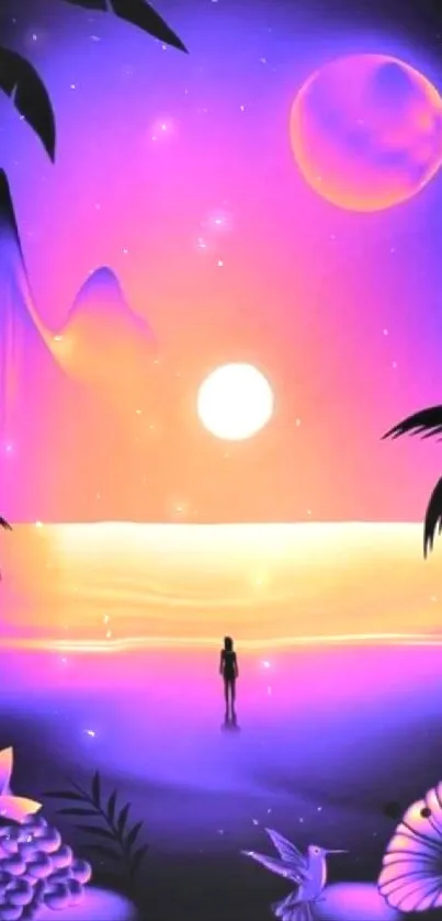 Vibrant surreal beach scene with neon sunset hues and tropical elements.