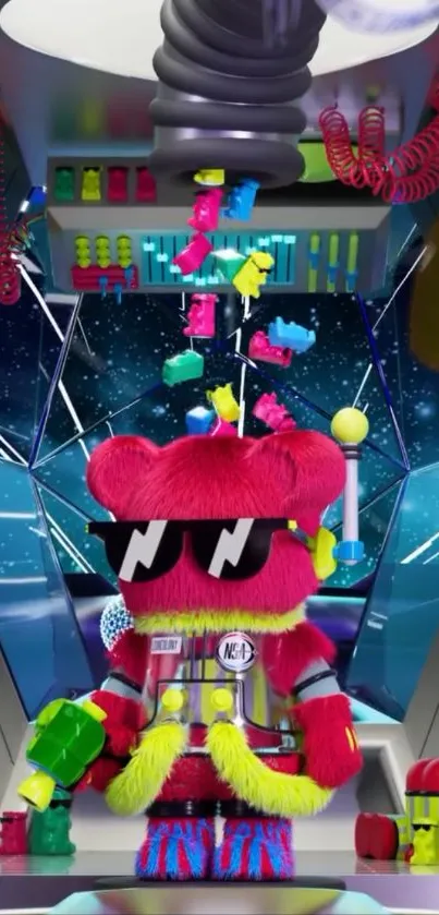 Colorful sci-fi bear in futuristic setting.