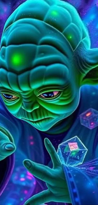 Fantasy sci-fi character in neon colors reaching forward.