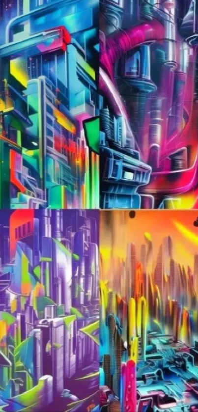 Vibrant neon futuristic cityscape wallpaper with bold colors and a sci-fi theme.