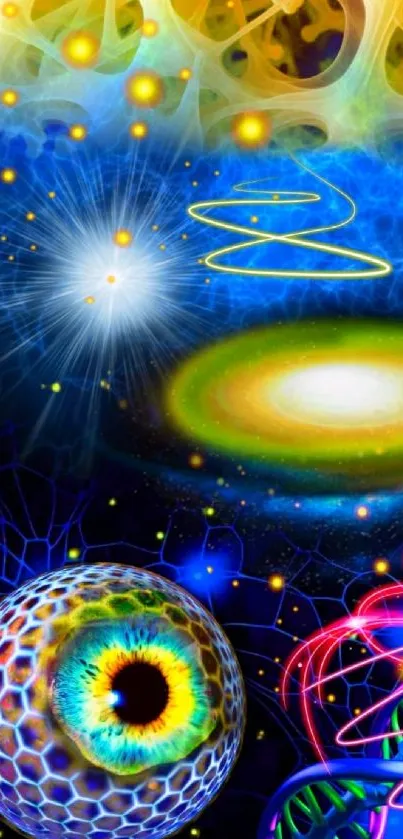 Futuristic psychedelic design with cosmic and vibrant elements.