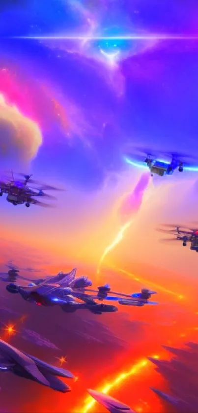 Futuristic scene with drones in a neon sky, vibrant colors.