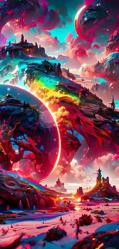 Vibrant sci-fi fantasy landscape with surreal elements and vivid colors.