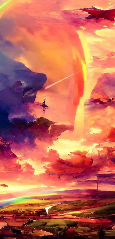 Vibrant sci-fi fantasy landscape with colorful clouds.