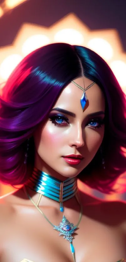 Vibrant sci-fi fantasy portrait with mystical jewelry.