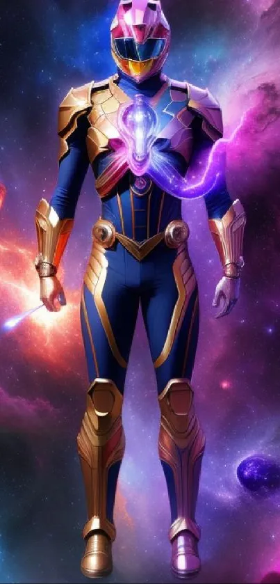 Futuristic armored figure with cosmic background in vibrant colors.