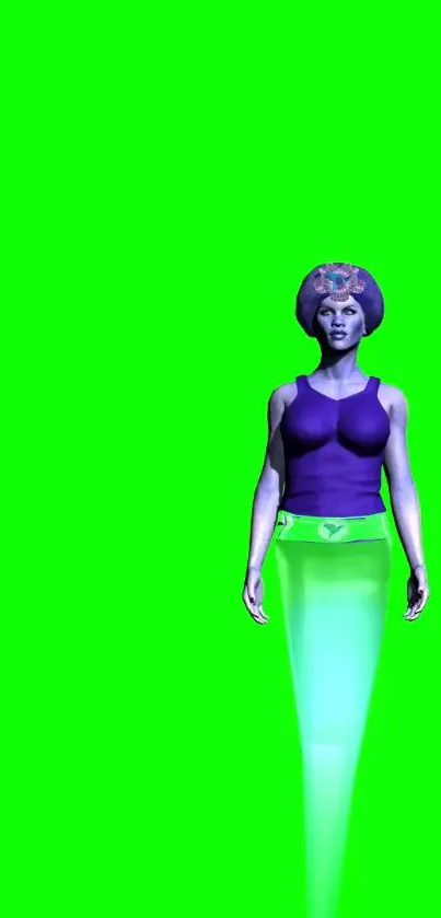 Futuristic female figure on neon green background, sci-fi digital art.