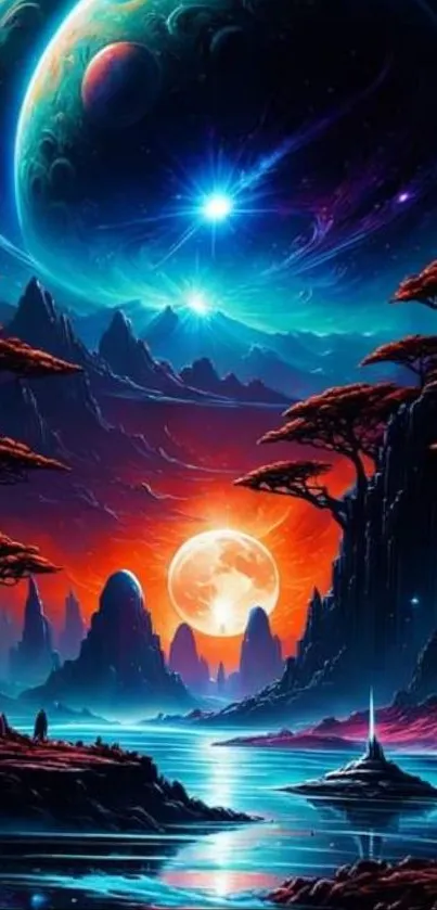 Vibrant sci-fi landscape with planets and glowing sky.