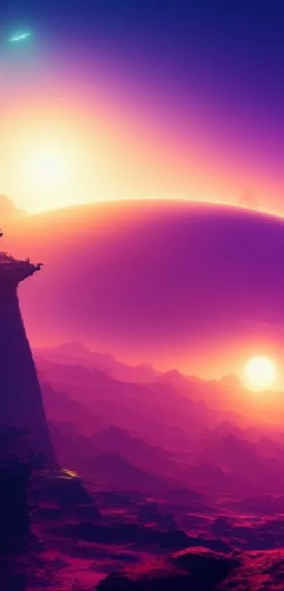 Futuristic sci-fi landscape with vibrant purple hues and celestial elements.