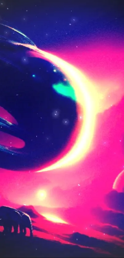 Vibrant sci-fi landscape with surreal cosmic elements in a purple-dominated scene.