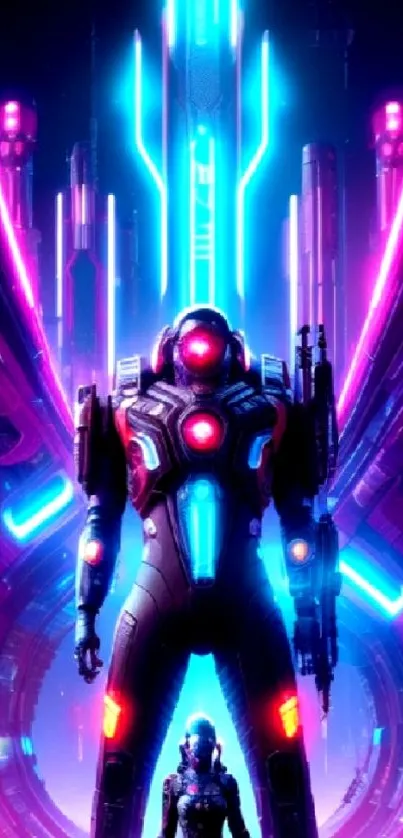 Neon blue and pink sci-fi wallpaper featuring a futuristic robot.