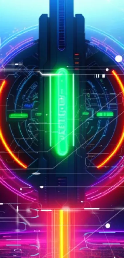 Vibrant neon sci-fi wallpaper with futuristic design elements.