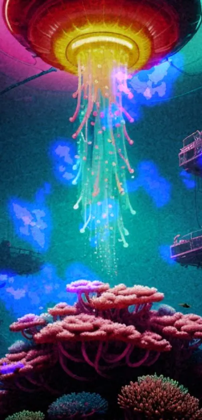 Vibrant sci-fi UFO emits colorful light over surreal underwater scene.