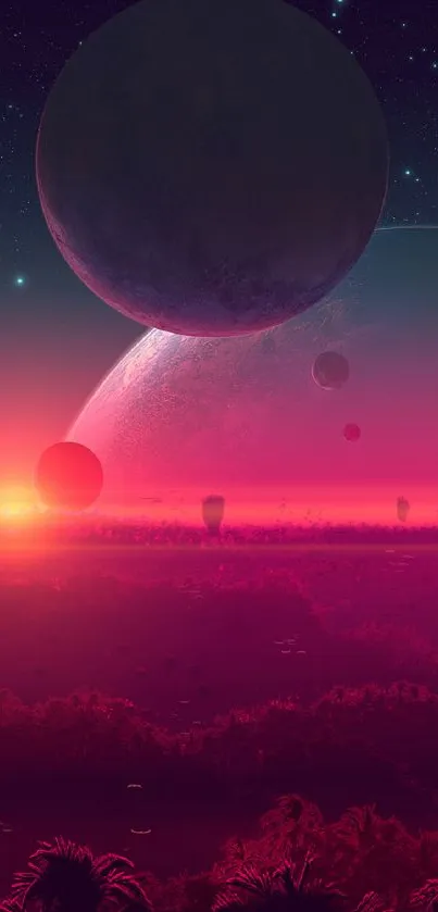 Vibrant sci-fi landscape with planets and pink horizon.