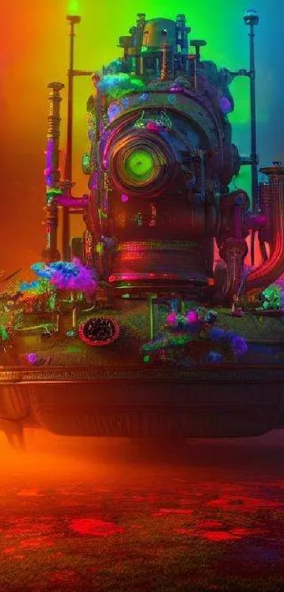 Vibrant steampunk machine in neon fantasy setting.