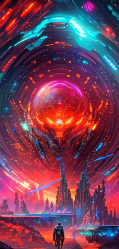Vibrant sci-fi mobile wallpaper with cosmic landscape and neon lights.