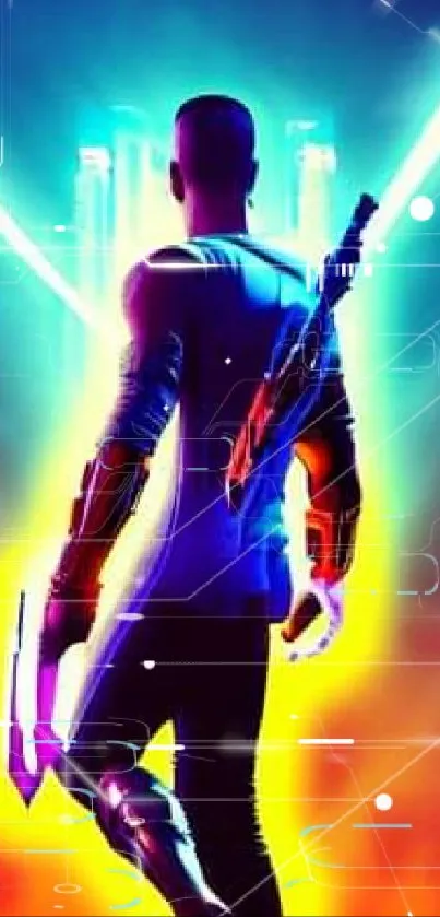 Neon-lit futuristic warrior with glowing weapon in vibrant sci-fi scene.