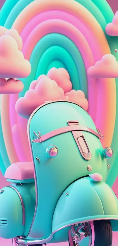 Retro scooter with pastel rainbow and clouds wallpaper.