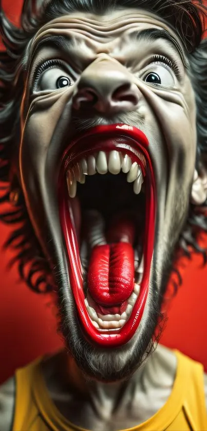 Bold red caricature of a screaming man.