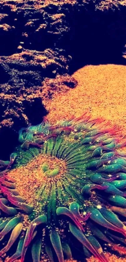 Colorful sea anemone on sandy beach with rocks.