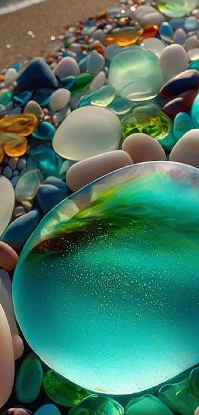 Vibrant sea glass on a beach with colorful stones.