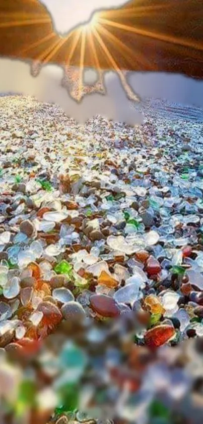 Colorful sea glass beach at sunrise with vibrant pebbles.