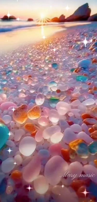 Vibrant beach with colorful sea glass at sunset.