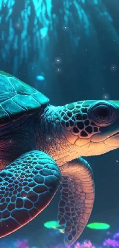 Vibrant sea turtle swims in colorful ocean scene.