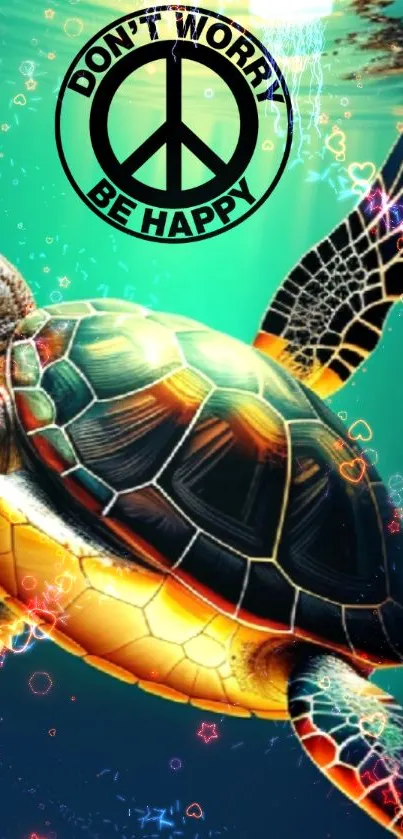 Colorful sea turtle with peace symbol and 'Don't Worry Be Happy' message.