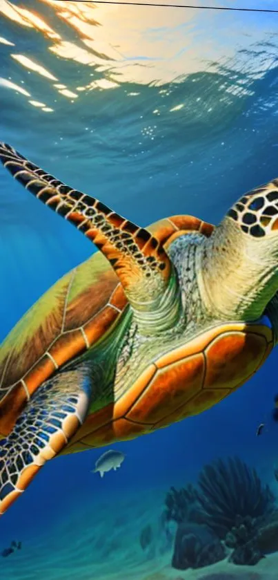 Vibrant sea turtle swimming under ocean waves with fish.