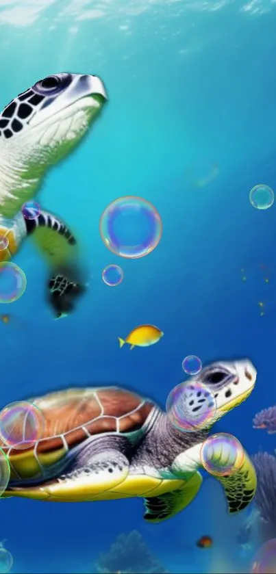 Vibrant sea turtles swim with bubbles and fish in a colorful ocean scene.