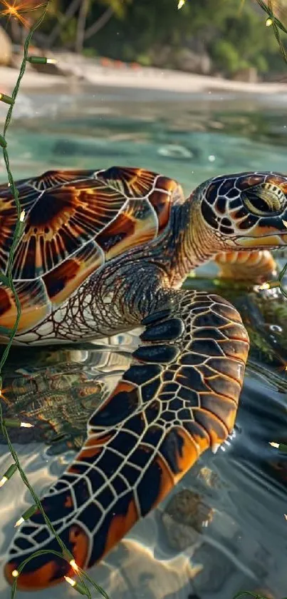 Sea turtle swimming in clear ocean near tropical beach.