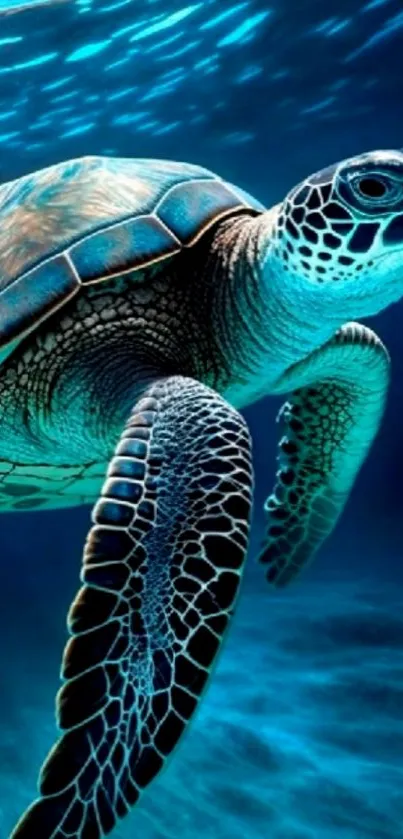 Colorful sea turtle swimming underwater with vibrant ocean background.