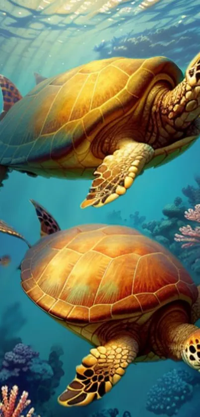 Vibrant sea turtles swimming amid colorful coral reefs, showcasing marine beauty.