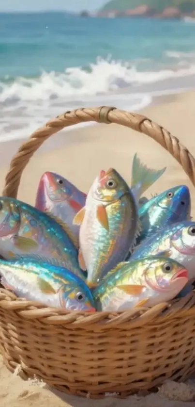 Basket of colorful fish displayed on a sandy beach by the ocean.