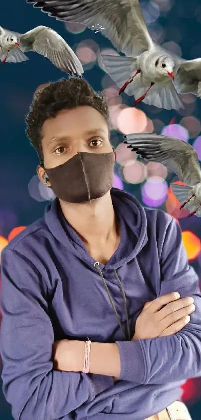 Person in mask with seagulls and city nightlife.