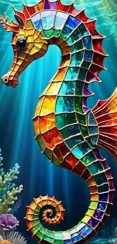 Vibrant stained glass seahorse in an underwater scene.
