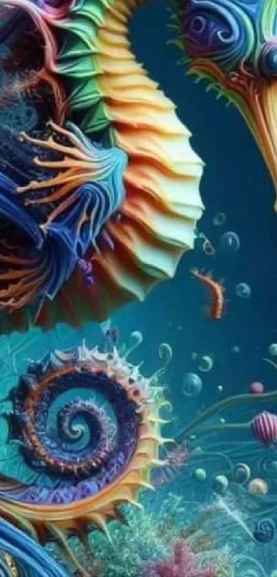 Colorful seahorse artwork on a blue background for mobile wallpaper.