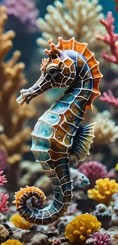 Vibrant seahorse among colorful corals in an ocean scene.