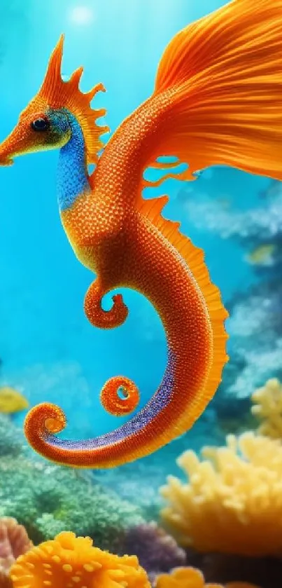 Vibrant seahorse in a colorful underwater fantasy setting with coral.