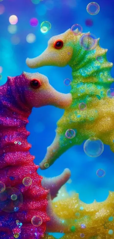 Colorful seahorses in vibrant fantasy art with blue and multicolored details.