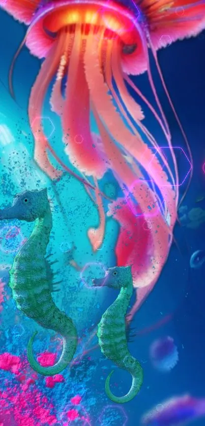 Fantasy art with seahorses, jellyfish, and vibrant colors.