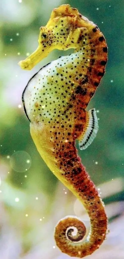 Yellow-orange seahorse in ocean-themed wallpaper.