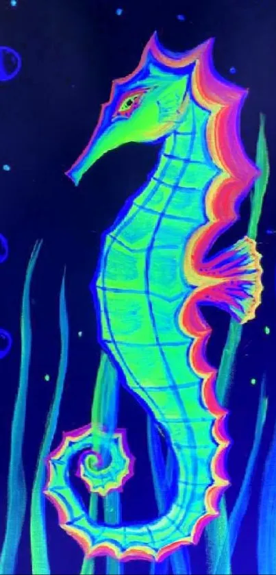 Colorful neon seahorse on dark background, perfect for wallpaper.