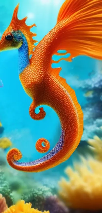 Orange seahorse against a vibrant blue ocean backdrop with colorful coral reef.